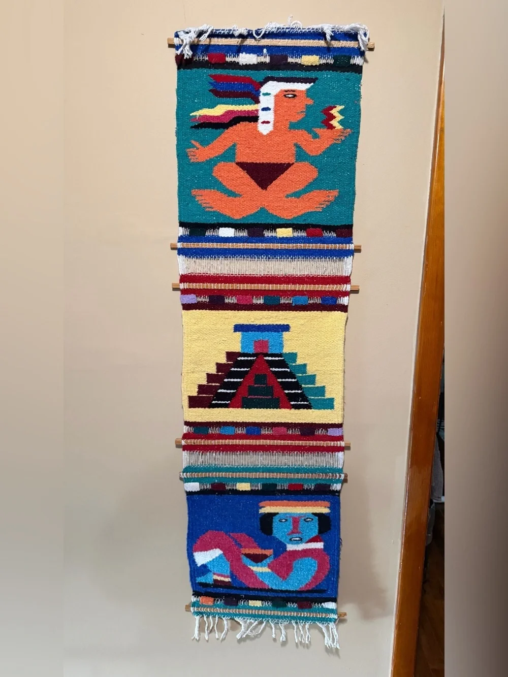 Vintage Mayan Aztec Tapestry Wall Hanging Handwoven Wool Boho Folk Art